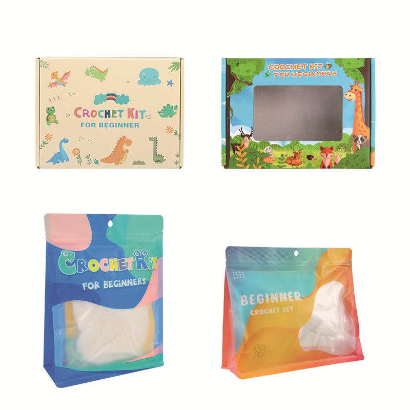 Crochet kit packaging for beginners with colorful designs on a white background